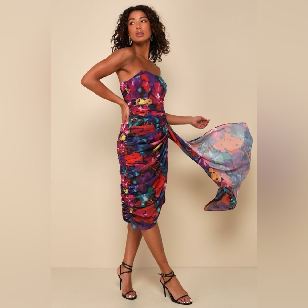 LULU’S Uncommon Aesthetic Black Floral Strapless Bodycon Midi Dress - Picture 2 of 5